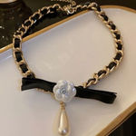 Women's Flower Black Leather Pearl Pendant Choker Necklace Photo 0
