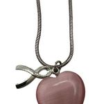 Boutique Pink Cat Eye Heart Shaped Breast Cancer Awareness Silver Tone Necklace Photo 2