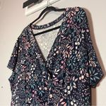 LL Bean Summer Knit Dress Midi Blue Floral Short Sleeve Faux Wrap Deep V Size 2X Photo 6