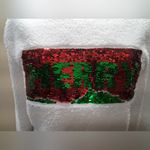MERRY Fuzzy Sweater with Red and Green Sequin Design White Photo 6