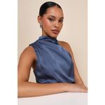 Lulus NWT  Distinctive Charm Slate Blue Satin Asymmetrical Maxi Dress Wedding 1X Photo 6