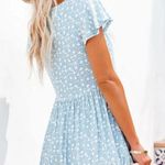 Medium Light-Blue Women Sundress, Floral V-Neck Button A-Line Mini Dress, Spring Summer Photo 2