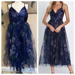 Elaborate Elegance Navy Floral Print Tulle Pleated Midi Dress Blue Photo 1