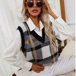 SheIn Plaid Sweater Vest Black Cream Tan Women's Size Small Academia Plaid Photo 0