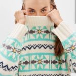 American Eagle Oversized Blue & Cream Mock Neck Fair Isle Sweater Photo 0