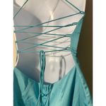Meshki Baby Blue Satin Mini Dress Spaghetti Straps Backless Lace Up Size S Photo 3