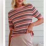 NEW Pink Crewneck Short Sleeve Striped Knit Hollow Out Sweater Shirts Blouse L Size L Photo 7