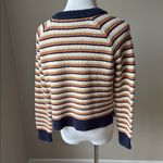 Madewell  Arden Cropped Cream and Blue V-Neck Sweater with Navy Trim Photo 5