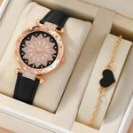 2 pc set Women Business Fashion Casual Round Pointer Quartz Watches + Bracelet Black Photo 0