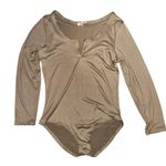 Capella Plus Size Dunkin’ Latte Long Sleeve Split Neck Linen Blend Bodysuit Tan Photo 1