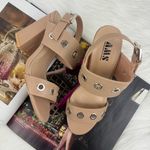 Women's AMS Sarah Silver Grommet Accent Slingback Block Heel Sandals Shoes Nude Size 6.5 Tan Photo 0