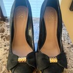 Vince Camuto  Black Sueded Heels with Gold Bow Accent Photo 0