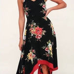 Lulu’s Go Fleur a Twirl Black Floral Print Handkerchief Midi Dress Size Large Black Photo 0