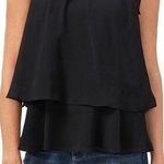 CeCe Shoulder Bow Tiered Ruffle Crinkle Chiffon Blouse Black Women’s Sz L Photo 0