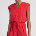 Athleta  12 Hibiscus Red‎ Sutton Romper V Neck Cinch Waist Pockets Short Sleeve Photo 0