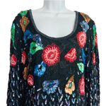 Vintage 80s 90s Floral Beaded Sequin Silk Long Sleeve Black Sheath Dress size L Size L Photo 5