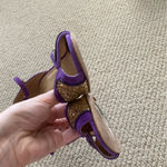 Kate Spade Corinne Carla Glitter Gold Purple High Heel Peep Toe Shoes Like New Photo 6