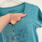 Lucky Brand Heathered Heather Aqua Blue Graphic Henley Short Sleeve T-Shirt Tee Photo 4