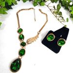 Gold with Emerald Green Crystal Y Necklace Earrings Set Photo 1