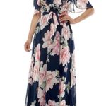 Premier Amour NWOT Navy Blue Pink Floral Ruffle Off Shoulder Maxi Dress Gown New Photo 0