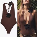 ZARA  NWT brown halter one piece swimsuit black flower detail Photo 1