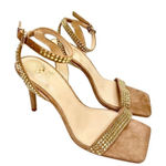 Vince Camuto Sandals Size 7.5 Tan Leather Saprenda Rhinestone Square Toe Ankle S Photo 0