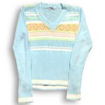 Vintage 90s Sweater Pastel Light Pink Multicolor Striped V Neck Knit Open Weave Blue Photo 5
