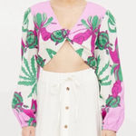 Caroline Constas Tropical Floral Crop Top w/Center Knot Linen‎ XS Purple Blend Photo 0