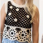 Davi & Dani  black and cream crochet knit sweater tank with flower details Photo 1