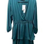 ZARA NWT  Teal Long Sleeve Satin Mini Dress Elastic Waist Ruffled Hem V-Neck M Photo 4