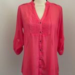 Dolled Up Neon Pink Button Down Blouse Large 3/4 Sleeve Semi Sheer Shirt VSCO Pleated Boho Photo 0