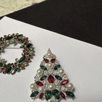 Lot Of 2 Rhinestone Brooch Pins Silver Tone Christmas Tree / Wreath Photo 1