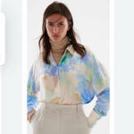 ZARA  Watercolor Satin Long Sleeves Button Up Oversized Blouse Pastel M Luxury Photo 1
