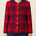 Liz Claiborne Red Navy Tartan Plaid Wool Blend Blazer Size 10 Gold Buttons VTG Photo 0