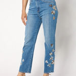 Driftwood  Royce Straight Leg Jeans Indigo Detached Floral Embroidery Medium Wash Photo 0