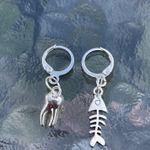 Handmade Silver Y2k Tooth Fishbone Hoop Earrings , Punk Goth Boho Silver Photo 4