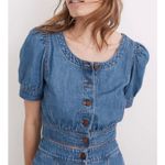 Madewell ‎ Denim Puff Sleeve Button Front Cropped Top Cottage Boho Casual Fall Photo 1