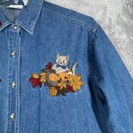 Bobbie Brooks Denim Shirt Women L Blue Embroider Cat Fall Leaves 90s Cottagecore Size L Photo 4