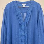 Catherines Blue Metallic Semi Sheer Chiffon Y Neck Button Blouse Size 4X Photo 2