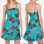 EXPRESS  Floral Square Neck Ruffle Wrap Dress Teal Blue Pink Boho Mini Fit Flare Photo 1