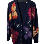 Vintage 80s Embroidered Floral Navy VNeck Knit Cardigan Sweater Medium Blue Photo 0