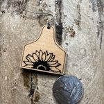 New Handmade Wooden Sunflower Cowrag Designed Dangle Earrings Brown Photo 3