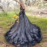 Goth Black Wedding Train Appliqué Dress Size 8 Photo 0