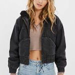 American Eagle  Outfitters Black Denim Sherpa Lined Hooded Jacket Women Small Photo 0