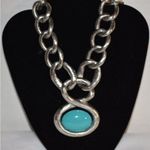 Source Unknown Chunky Metal Link Teal Blue Pendant Box Clasp Statement Necklace Photo 0