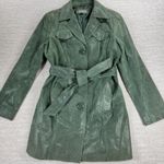 Kenar Green Leather Belted Trench Coat Womens 8 Jacket Liquid Embossed Photo 1