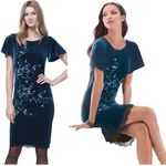 White House | Black Market WHBM Teal Velvet Lace Trim Floral Embroidered Flounce Sleeve Dress XS Petite Photo 1