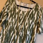 Chico's Size 0/S/4 Olive Green Ivory Batik Short Sleeve Slinky Knit Midi Dress Photo 14