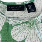 Tahari 100% Linen Top Green White Floral Print Short Sleeve Button Detail Sz M Photo 2