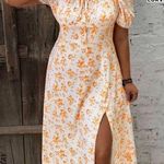 SheIn 🦋  Orange White Ditzy Floral Short Sleeve Midi Dress Leg Slit Casual Large Photo 0